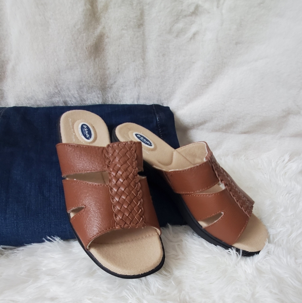 NEW Dr Scholl's Double Air Pillo Insoles Brown Leather Slip-On Sandals Size 6.5W
